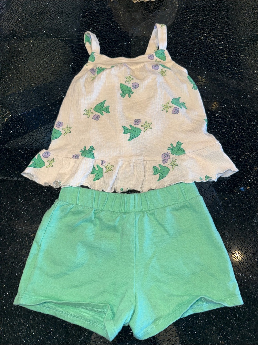 Girls White Tank Top with Green Sea Creature Print + Mint Green Shorts